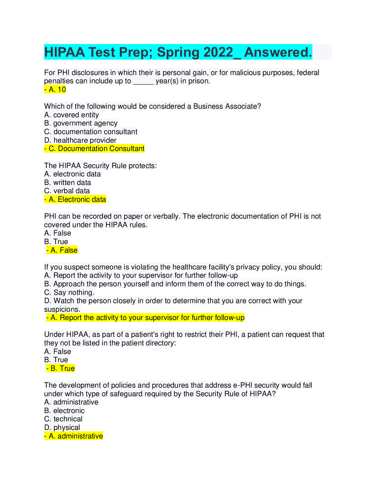 Preview image for HIPAA Test Prep; Spring 2022_ Answered.